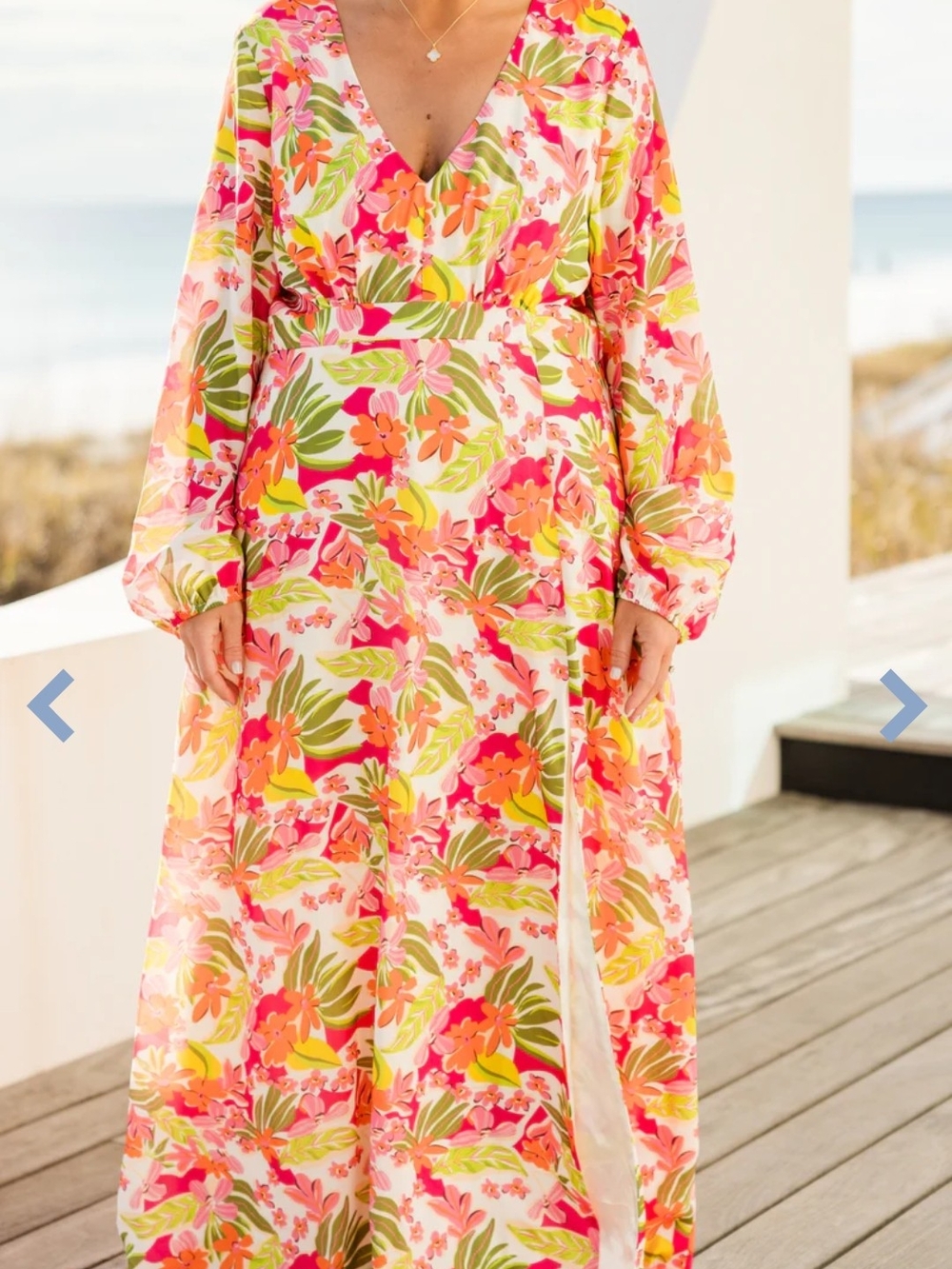 Floral V-Neck Long Sleeve Maxi Dress in Pink & Green